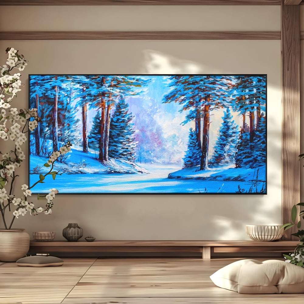 Tablou canvas cu pictura peisaj de iarna cu padure si zapada, in rama de aluminiu negru
